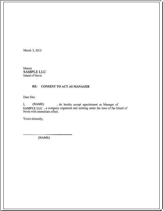 Consent to Act as Manager
