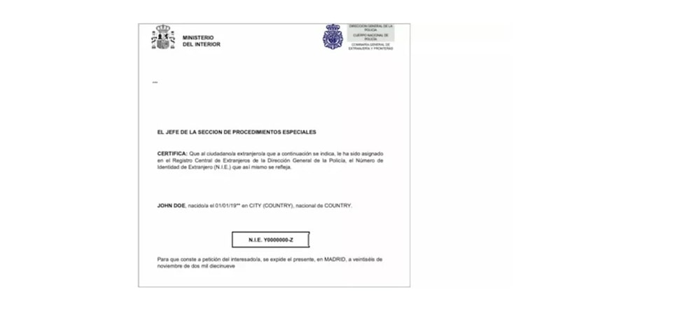 Документ о присвоении NIE нерезиденту
